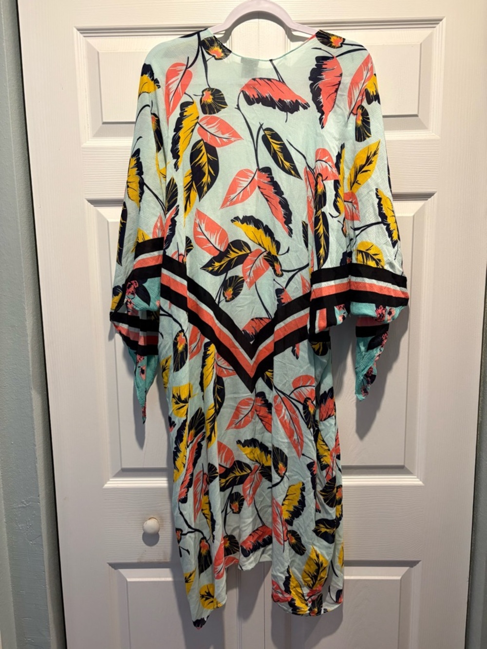 Express tropical leaf print kimono duster cardigan coverup summer bright OS - Picture 3 of 9